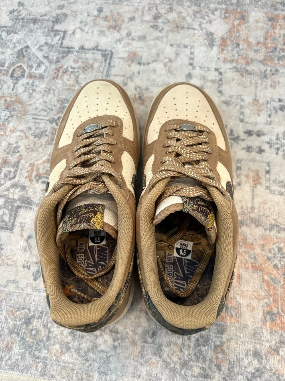 Nike Low-Top Sneakers in Brown & Tan with Patterned Swoosh